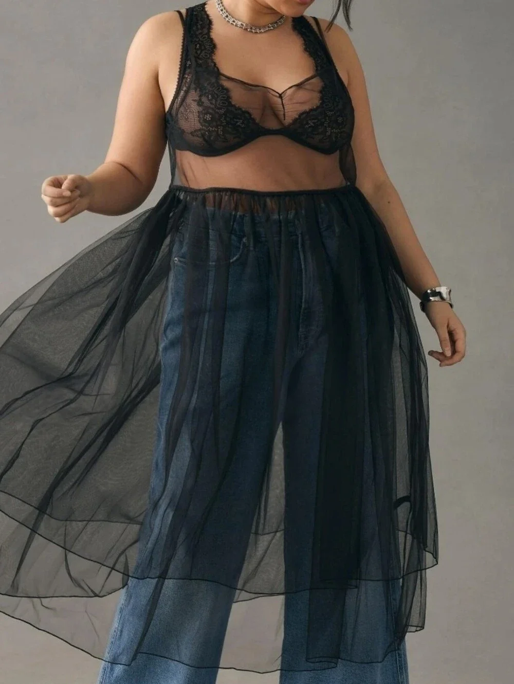 Anthropologie Black Sheer Slip Tulle Midi Dress - Picture 1 of 7